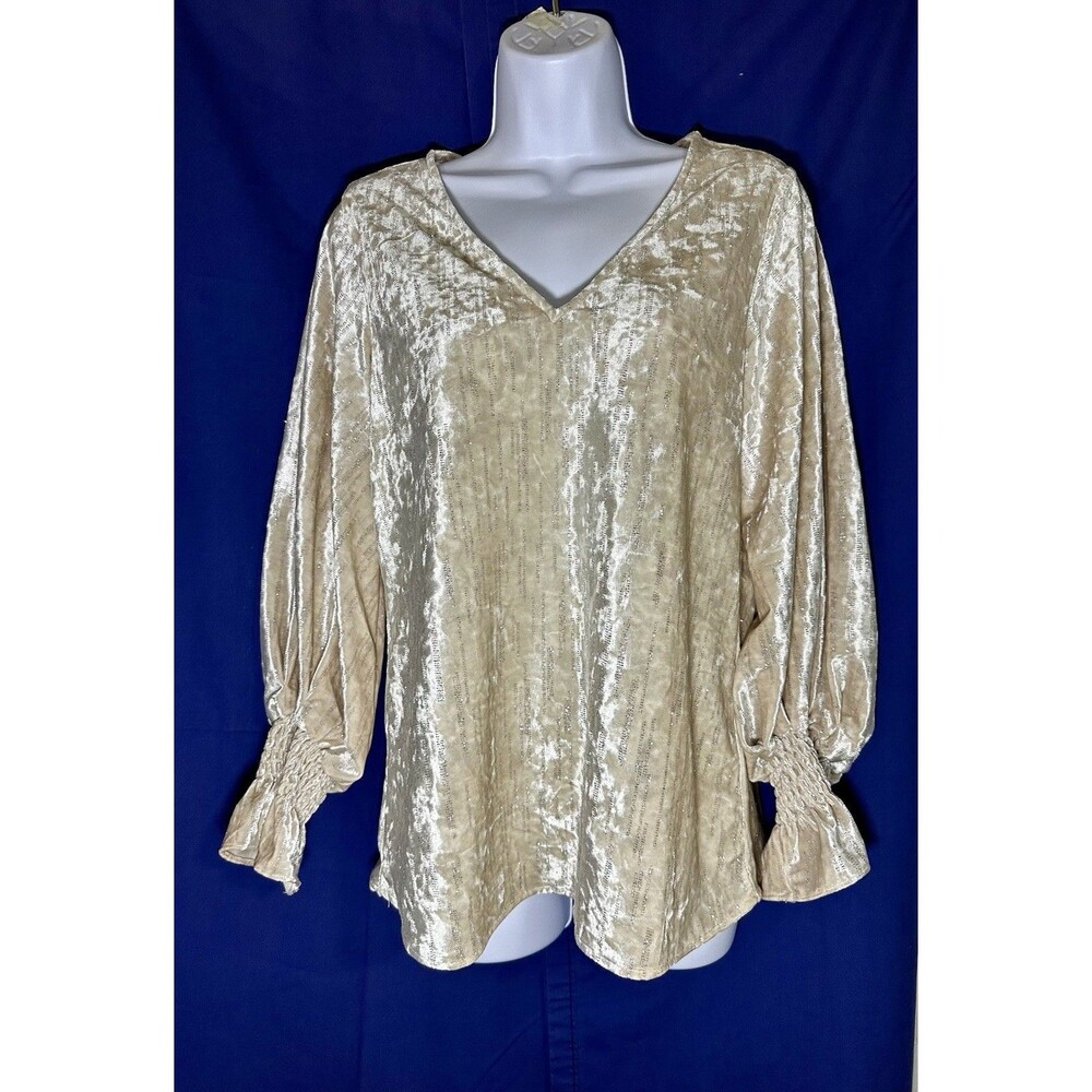Vince Camuto Champagne Velvet V-Neck Blouse - Metallic Stripe Smocked Cuff - S